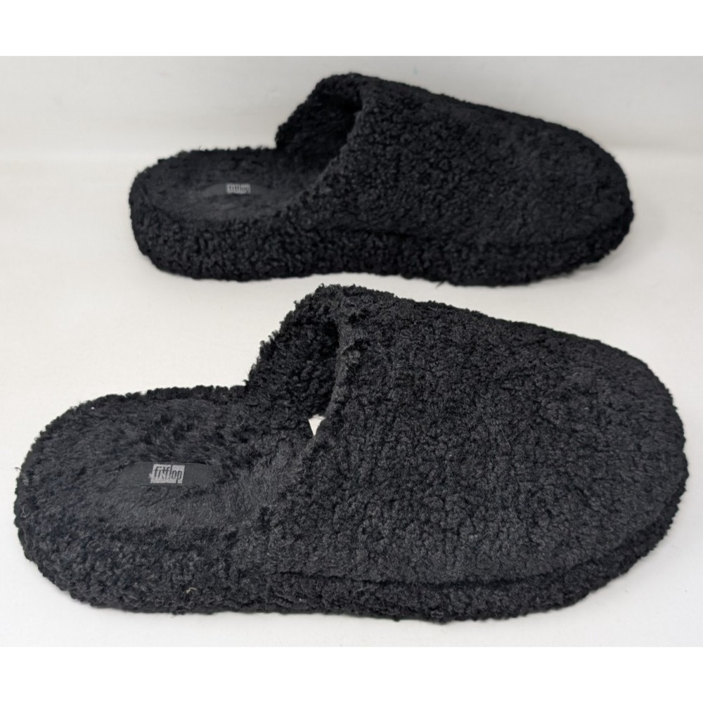 FitFlop Iqushion D-Luxe Padded Teddy Mules Faux Fur Slippers Black Women's Sz 10